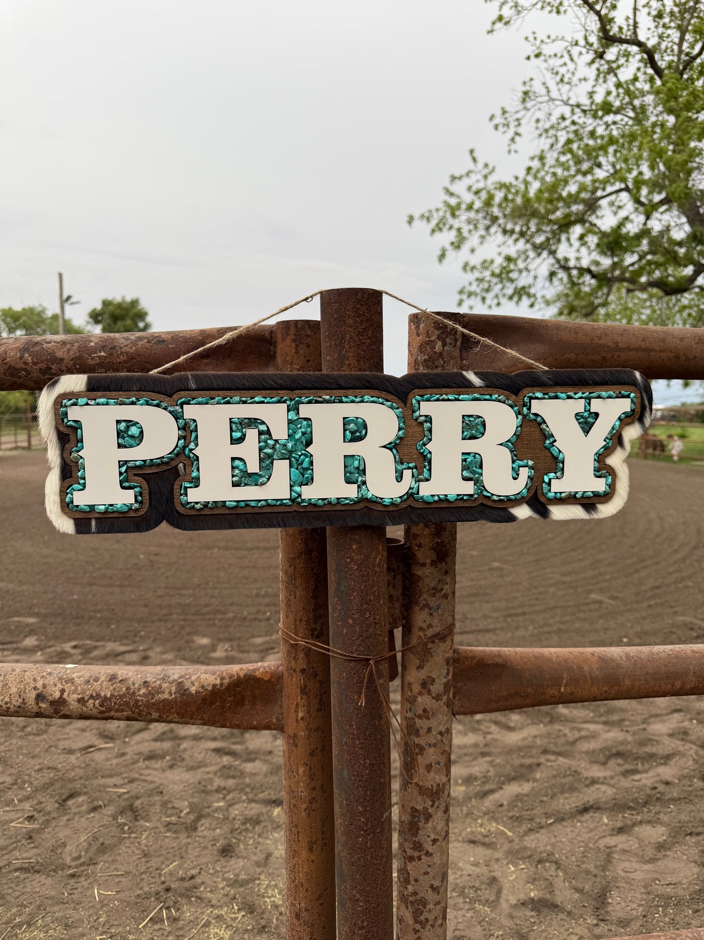 Name Sign – White Letters + Cowhide + Turquoise + Wood