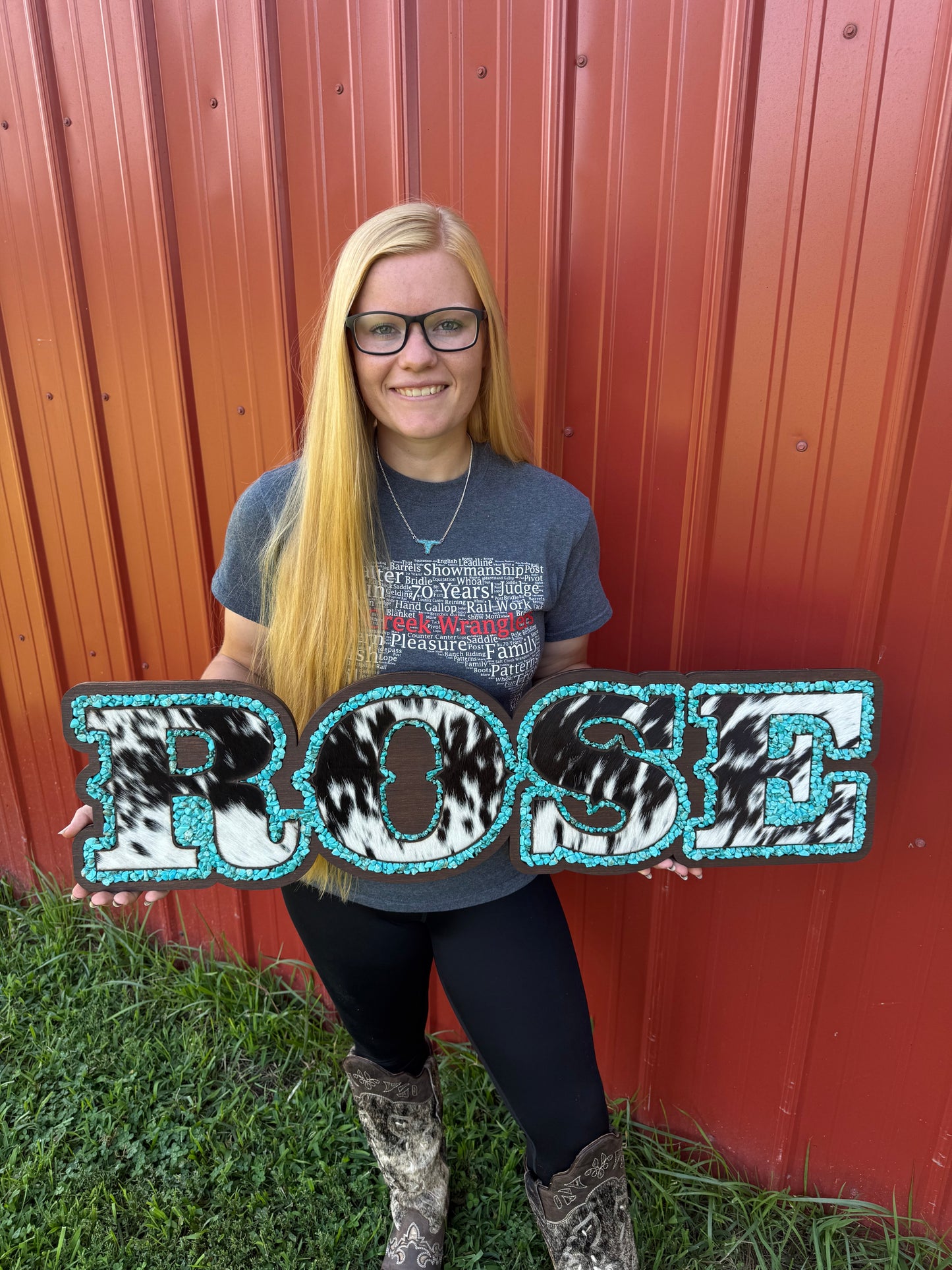Name Sign – Cowhide + Turquoise + Wood