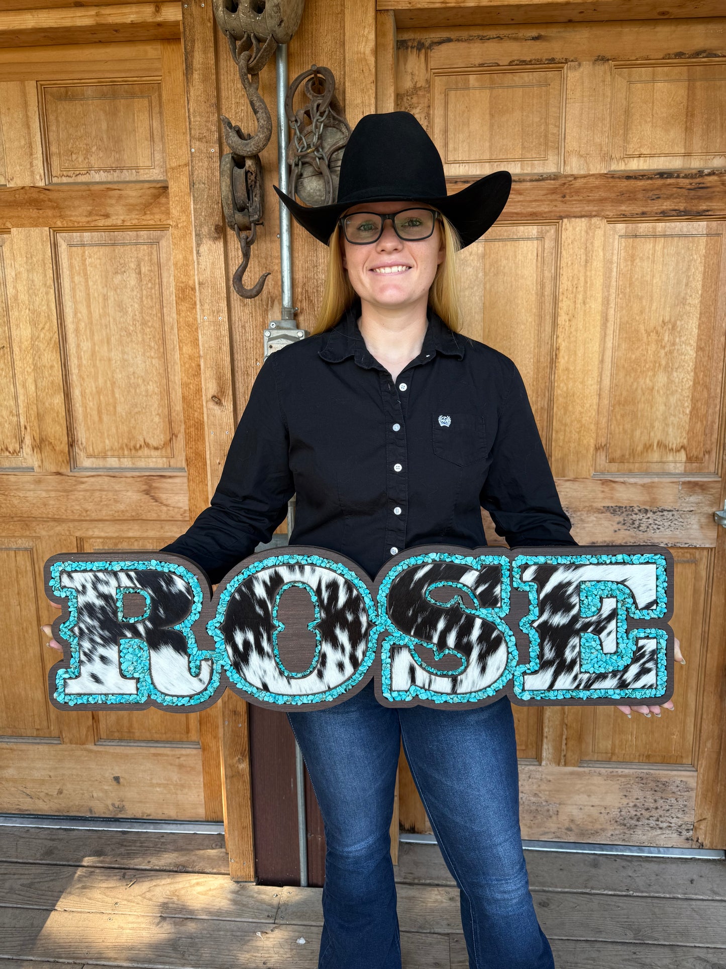 Name Sign – Cowhide + Turquoise + Wood