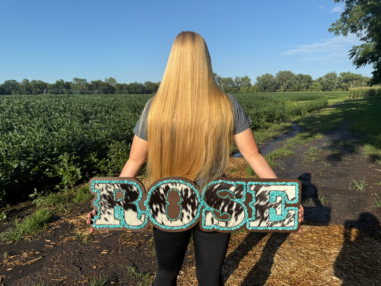 Name Sign – Cowhide + Turquoise + Wood