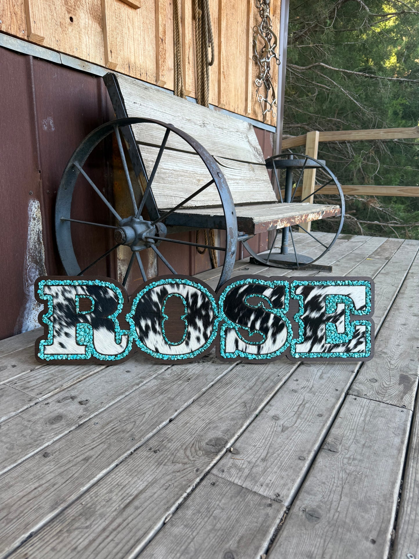 Name Sign – Cowhide + Turquoise + Wood