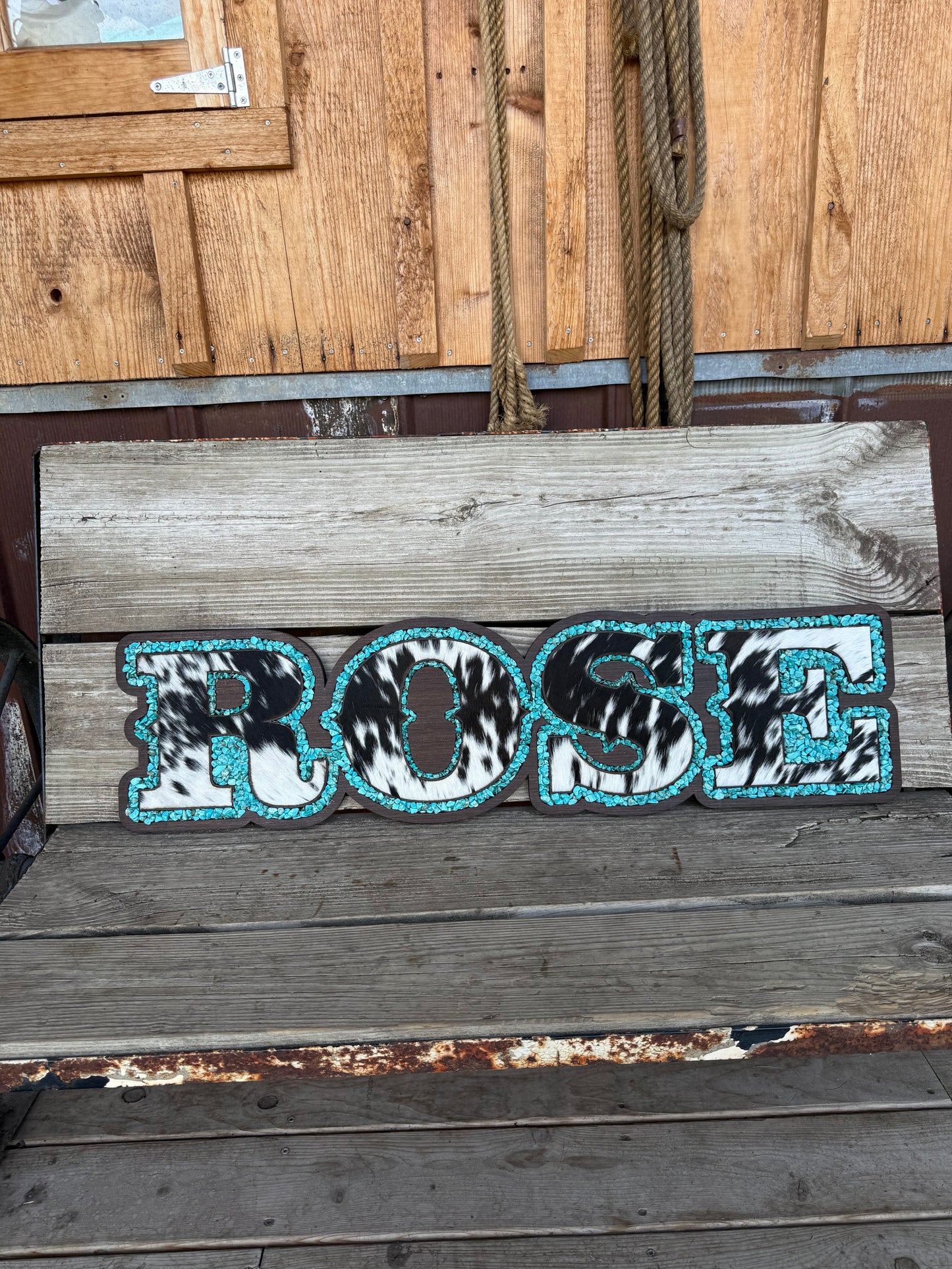 Name Sign – Cowhide + Turquoise + Wood