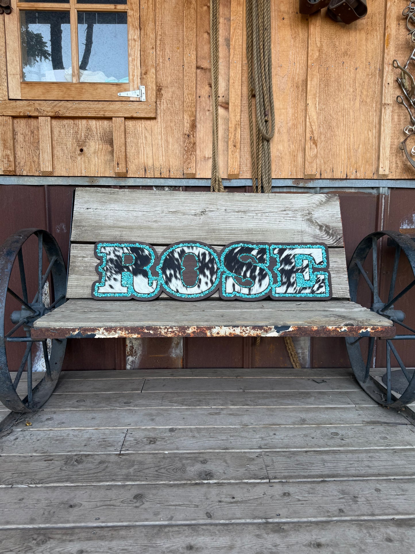 Name Sign – Cowhide + Turquoise + Wood