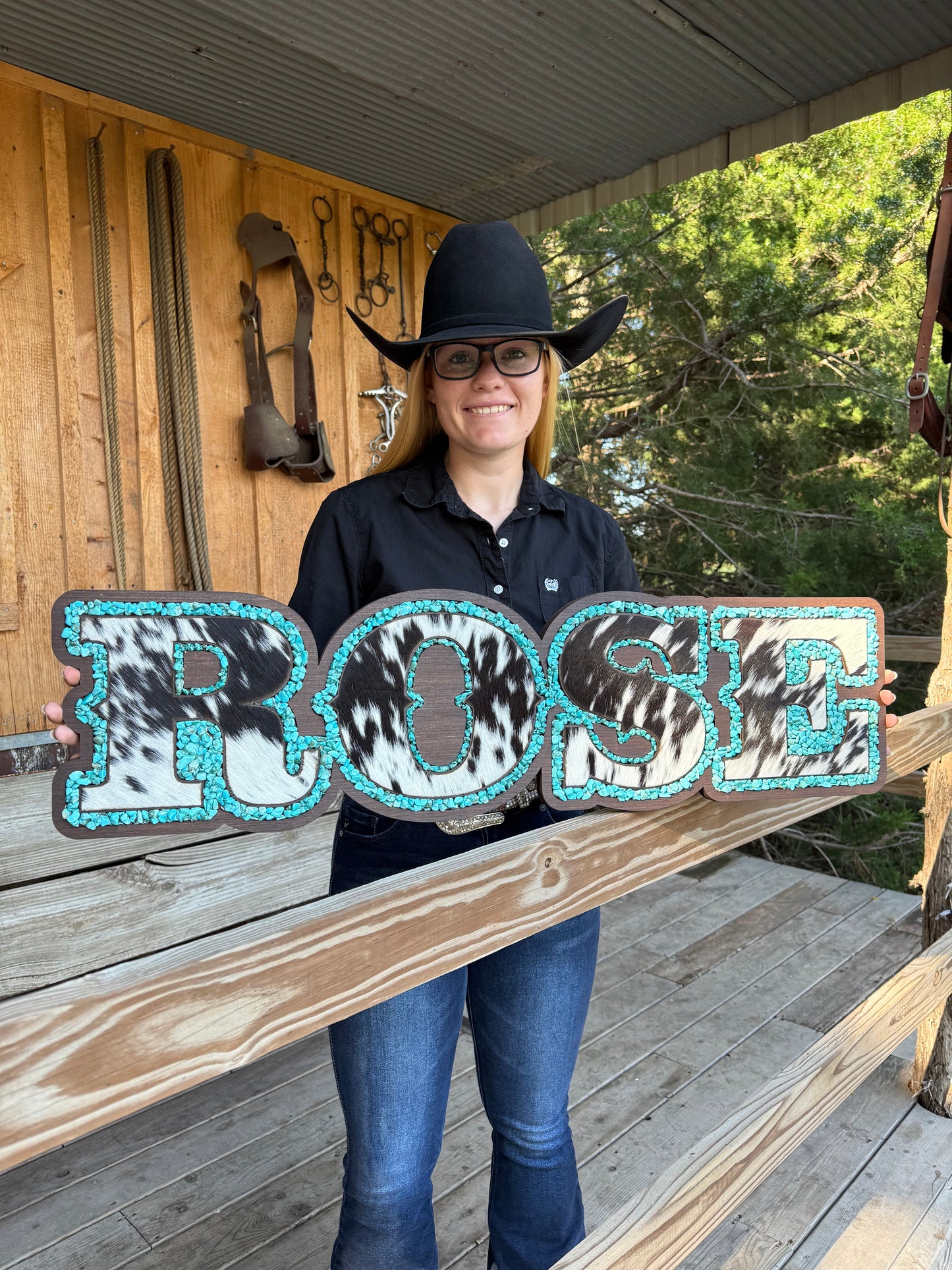 Name Sign – Cowhide + Turquoise + Wood