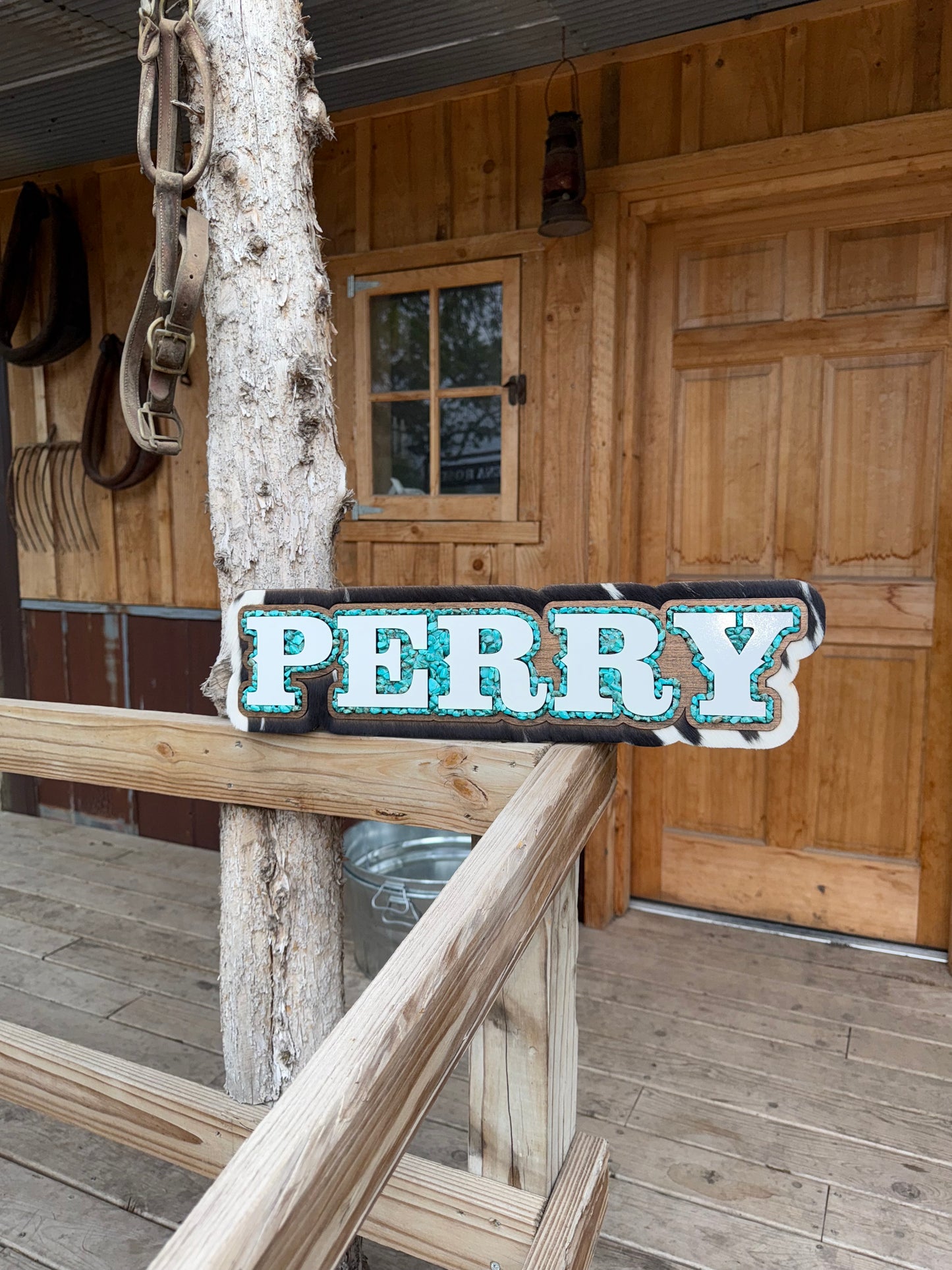 Name Sign – White Letters + Cowhide + Turquoise + Wood