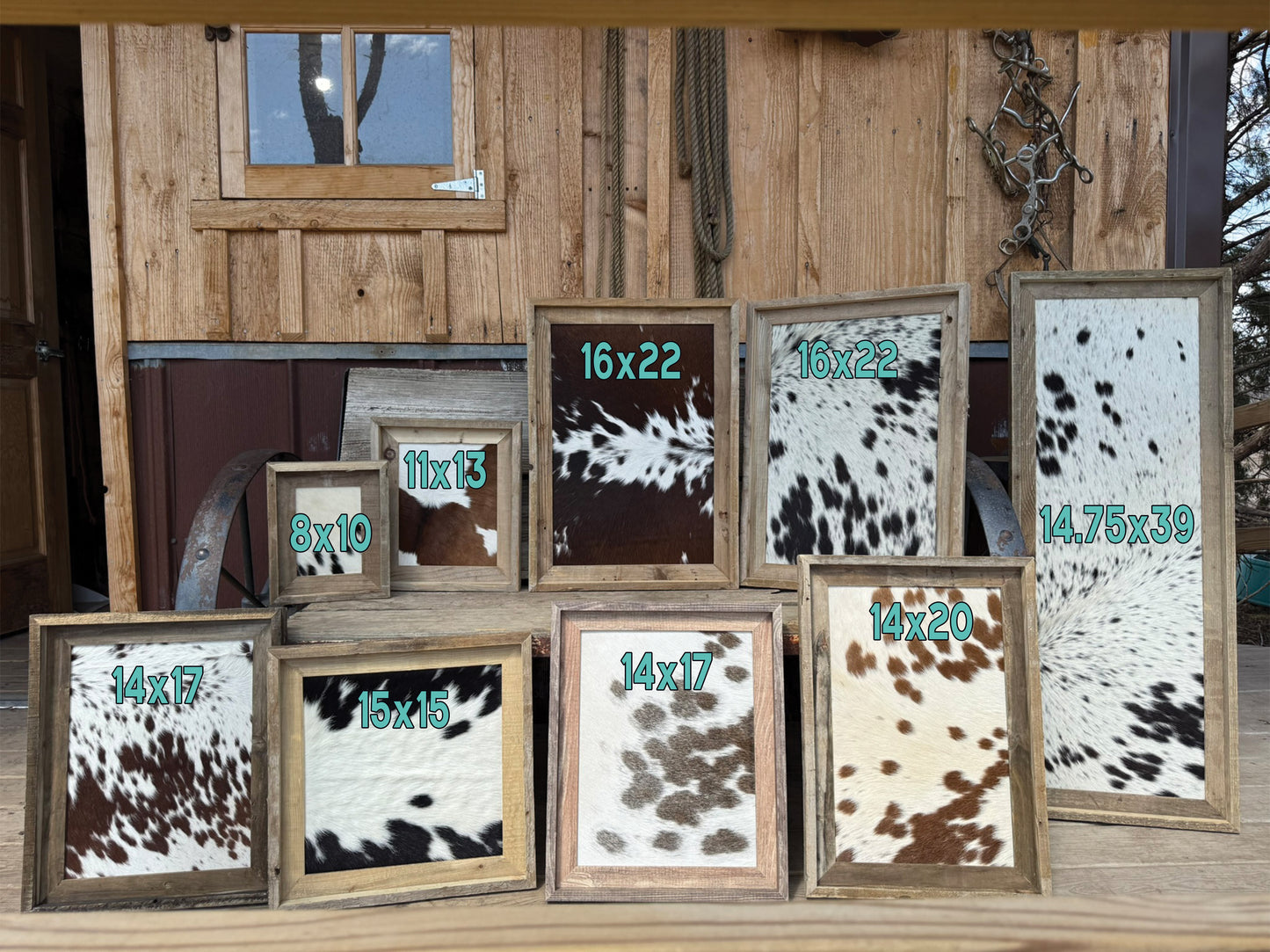 15x15 Cowhide Branding Frame - Cowhide + Weathered Wood