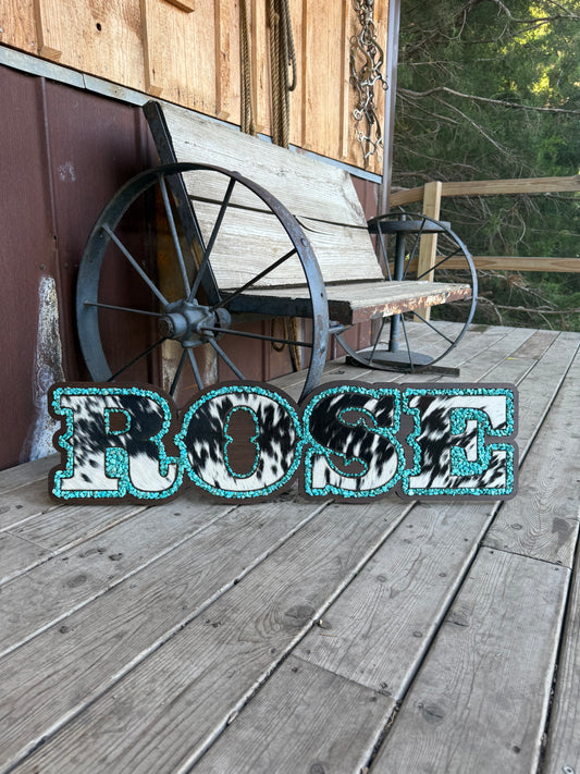 Name Sign – Cowhide + Turquoise + Wood