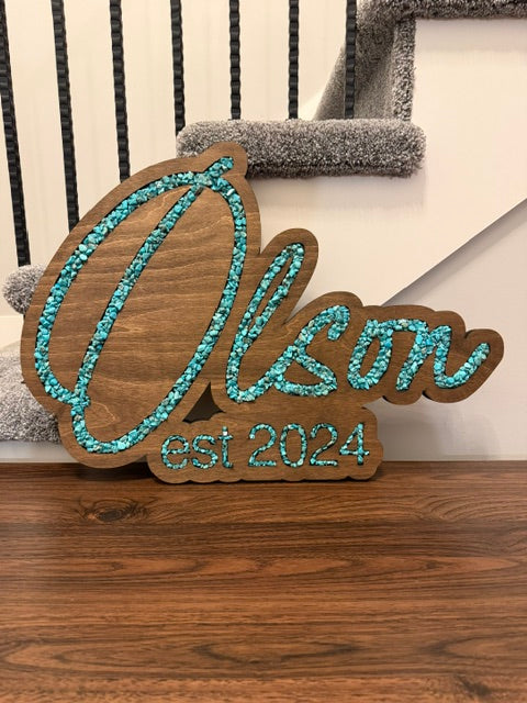 Family Name Signs - Cursive Inlay - Turquoise, Glass or Stone