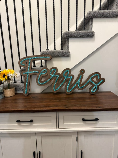 Family Name Signs - Cursive Inlay - Turquoise, Glass or Stone